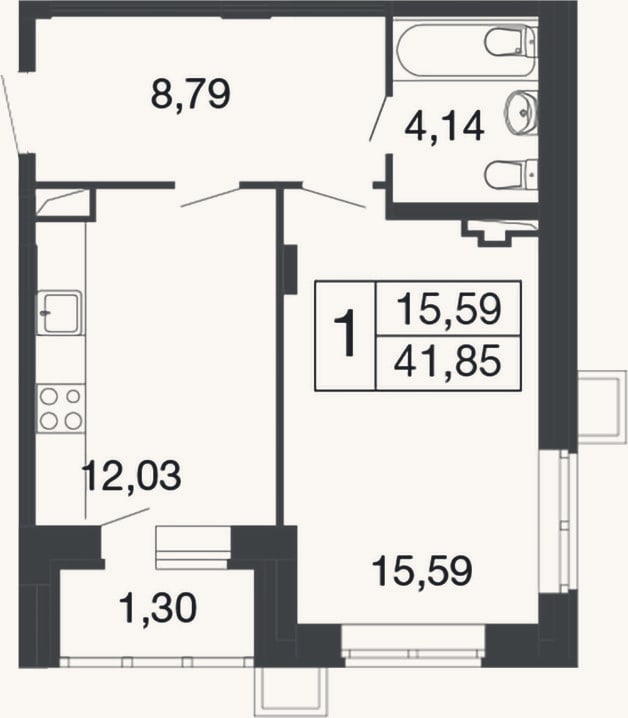 Планировка: 1-к, 40,6 м²
