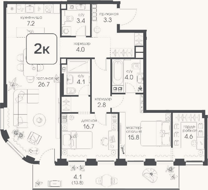 Планировка: 2-к, 92,6 м²