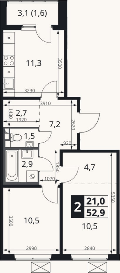 Планировка: 2-к, 51,3 м²