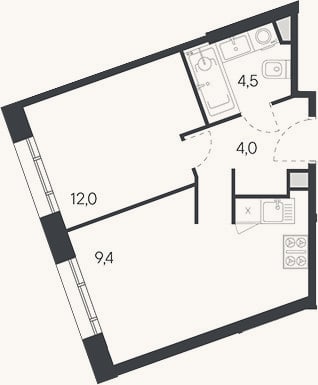 Планировка: 2-к, 38,5 м²