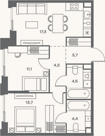 Планировка: 3-к, 58,9 м²