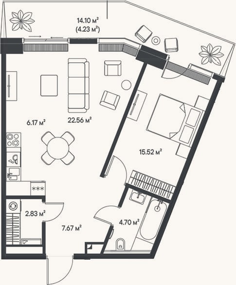 Планировка: 2-к, 59,5 м²