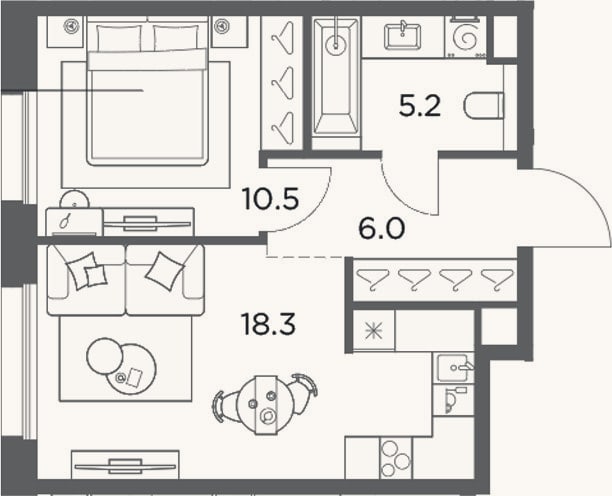 Планировка: 1-к, 40 м²