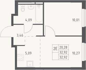 Планировка: 2-к, 32,9 м²