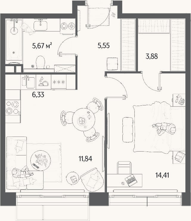 Планировка: 2-к, 47,7 м²