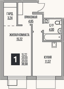 Планировка: 1-к, 38,7 м²