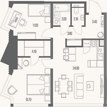 Планировка: 2-к, 65,7 м²