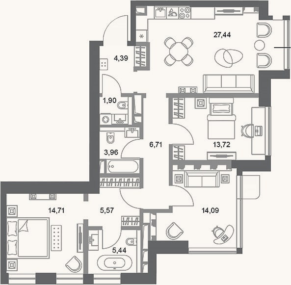 Планировка: 3-к, 97,9 м²