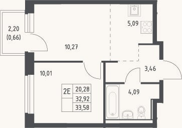 Планировка: 2-к, 32,9 м²