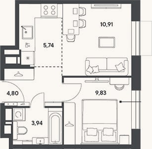 Планировка: 2-к, 35,2 м²