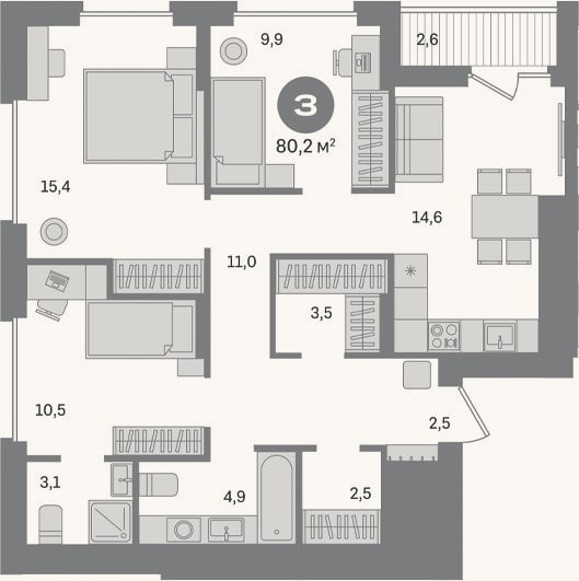 Планировка: 3-к, 77,6 м²