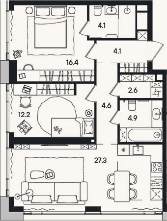 Планировка: 3-к, 77,2 м²
