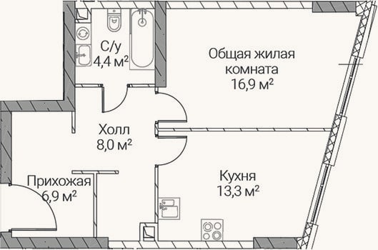 Планировка: 1-к, 49,5 м²