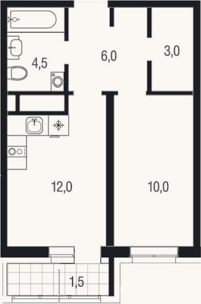 Планировка: 1-к, 35,5 м²