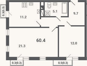 Планировка: 2-к, 59,3 м²
