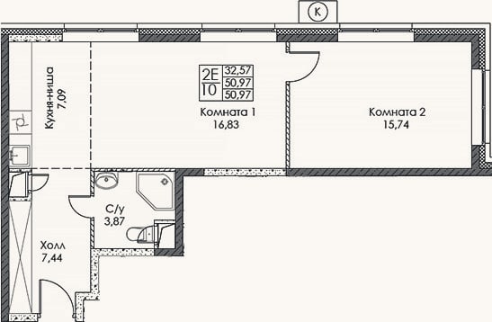 Планировка: 2-к, 51 м²