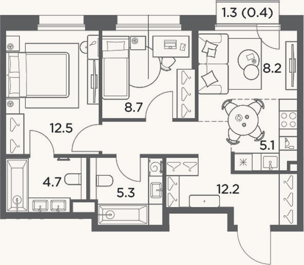 Планировка: 3-к, 56,7 м²