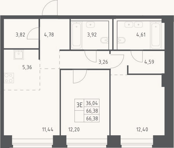 Планировка: 3-к, 66,4 м²