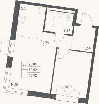 Планировка: 2-к, 40,9 м²