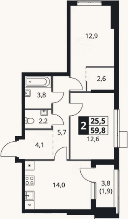 Планировка: 2-к, 57,9 м²