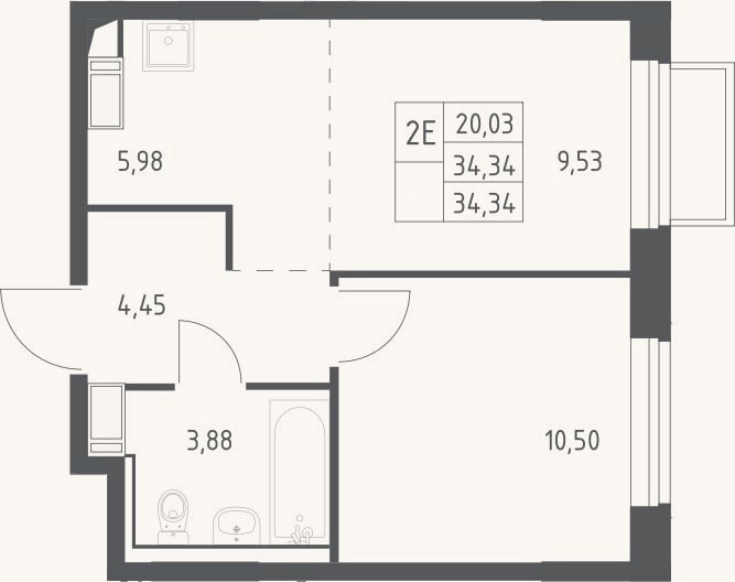 Планировка: 2-к, 34,3 м²