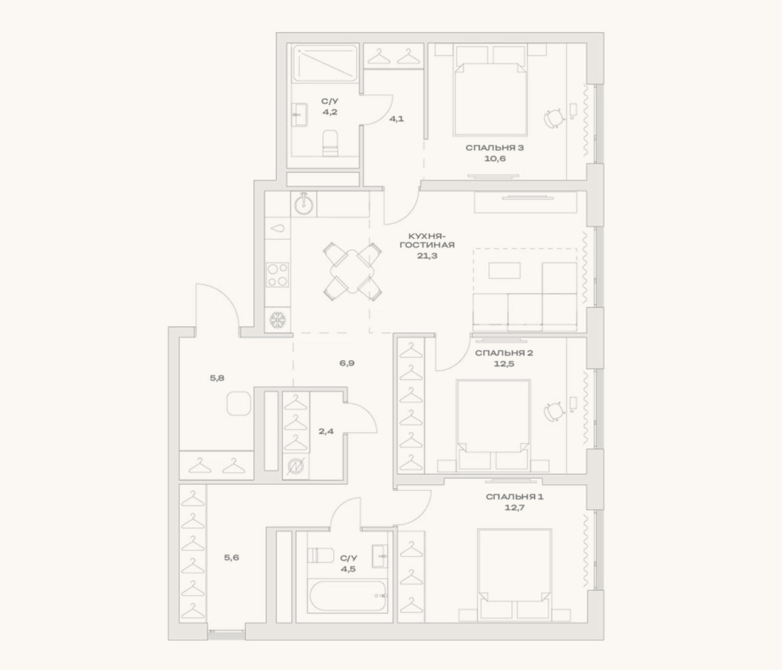 Планировка: 4+ к, 90,6 м²