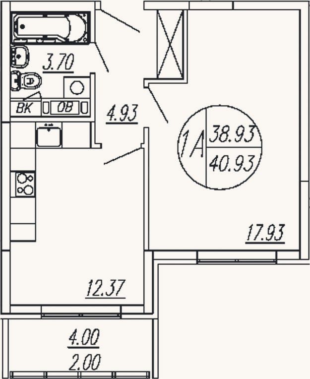 Планировка: 1-к, 38,9 м²