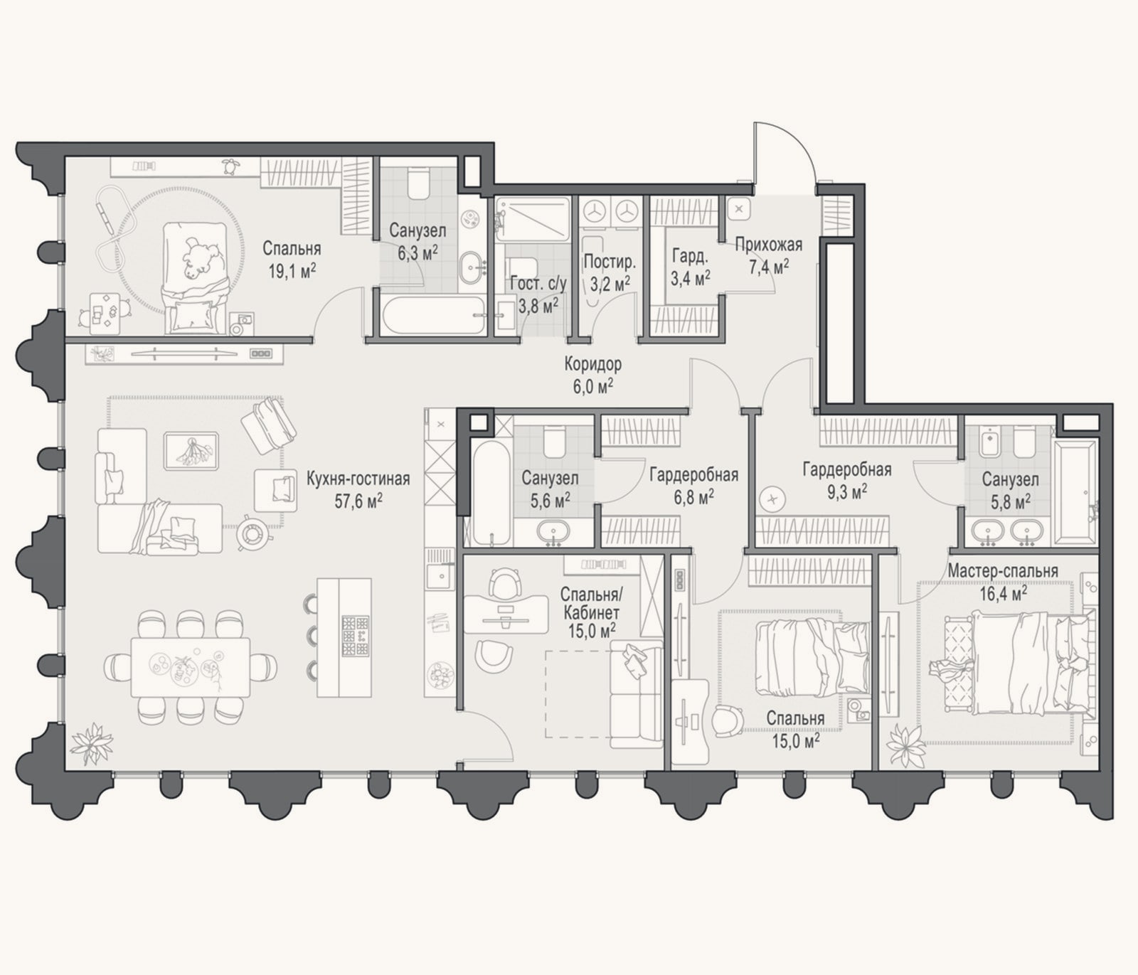 Планировка: 4+ к, 181,9 м²