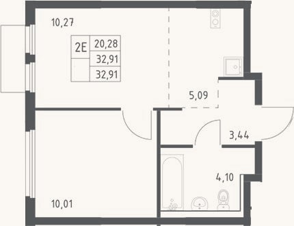 Планировка: 2-к, 32,9 м²