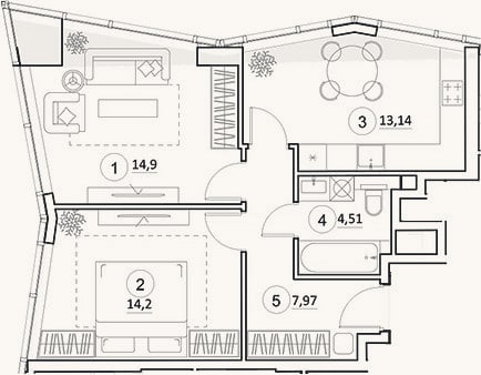 Планировка: 2-к, 54,7 м²