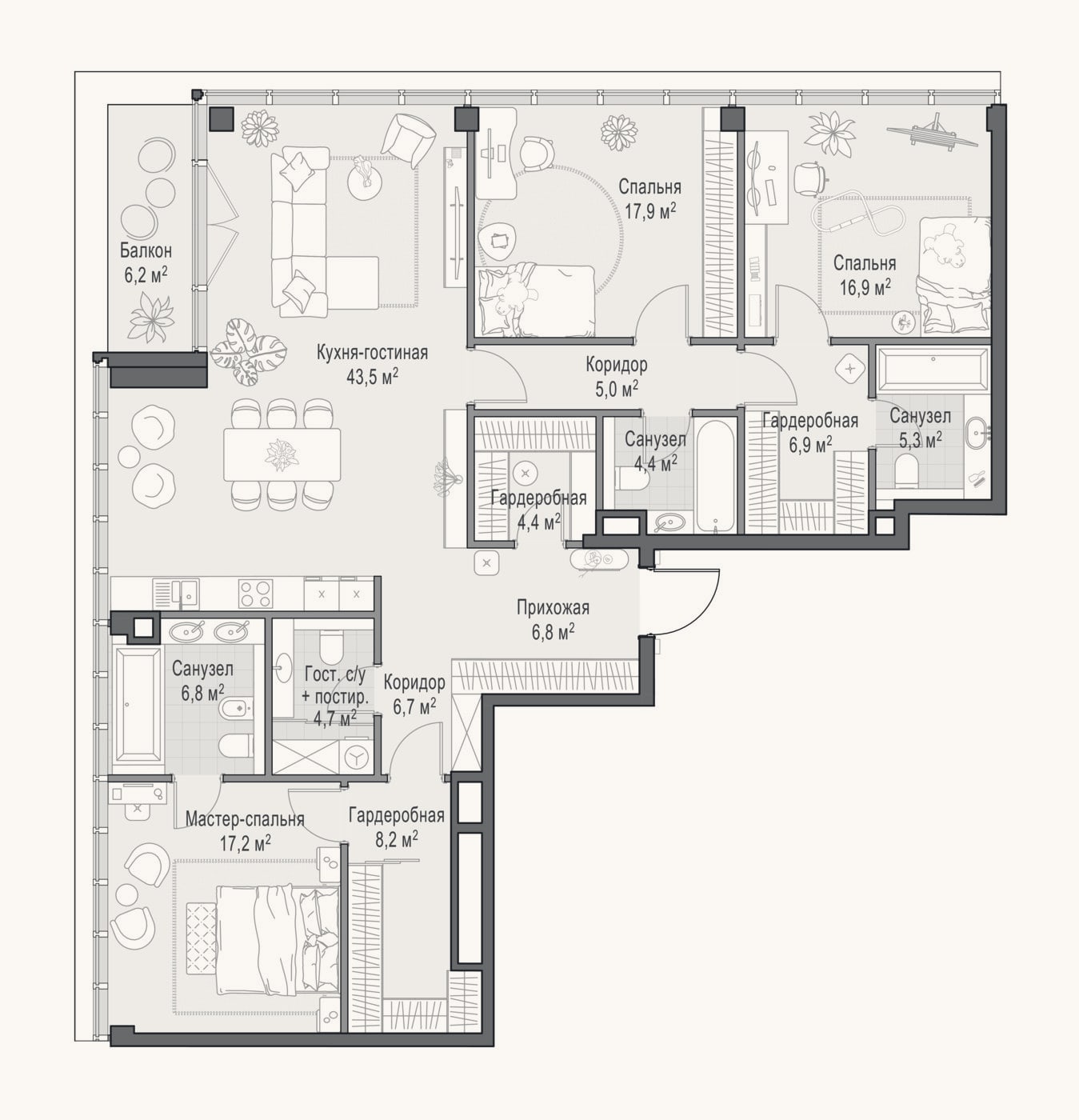 Планировка: 4+ к, 157,6 м²