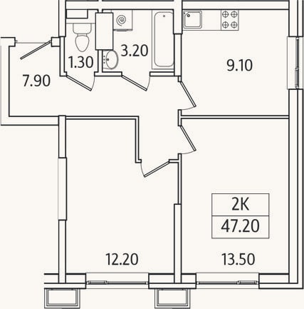 Планировка: 2-к, 47,2 м²