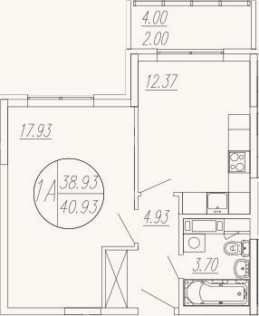 Планировка: 1-к, 38,9 м²