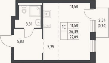 Планировка: Студия, 26,4 м²