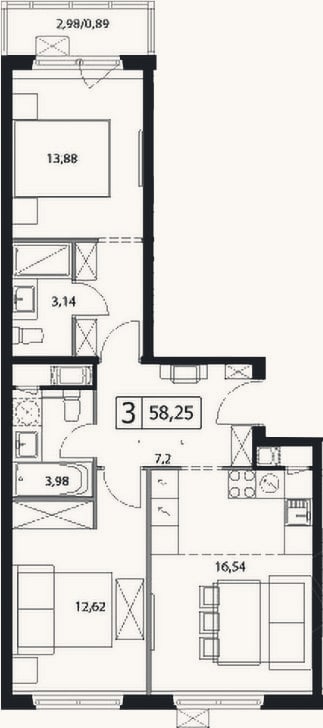 Планировка: 3-к, 57,4 м²
