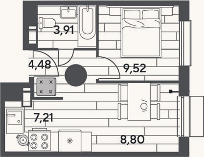 Планировка: 1-к, 33,9 м²
