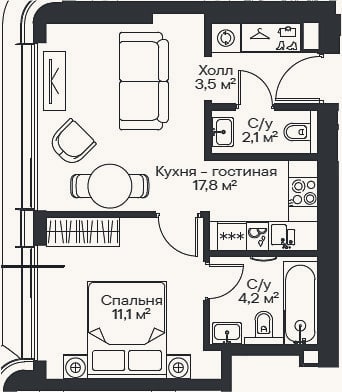 Планировка: 2-к, 38,7 м²