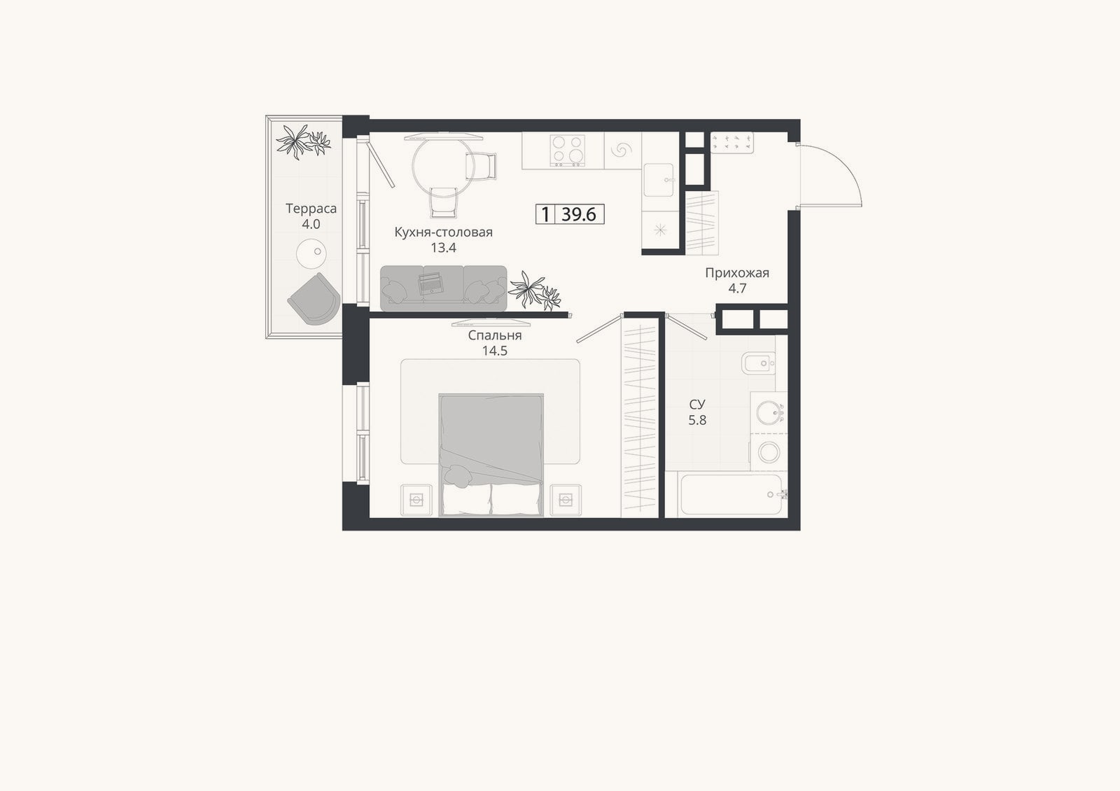 Планировка: 2-к, 38,4 м²