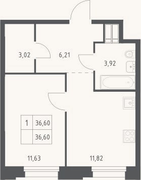 Планировка: 1-к, 36,6 м²