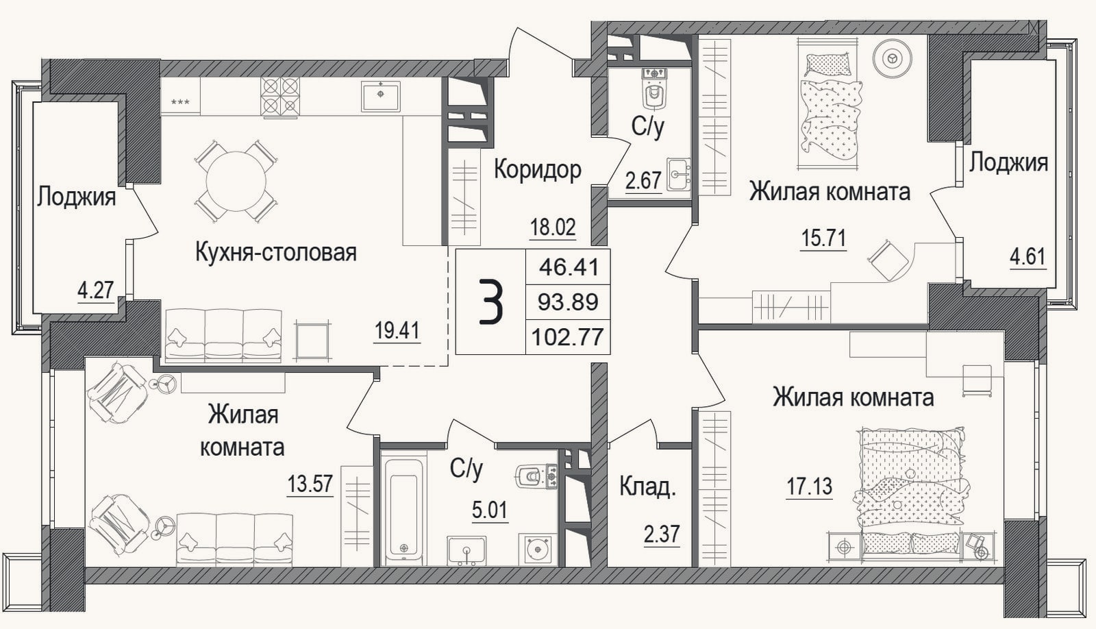 Планировка: 3-к, 91,4 м²