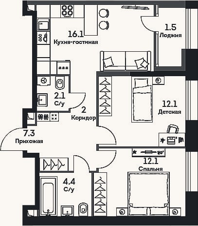 Планировка: 3-к, 56,1 м²