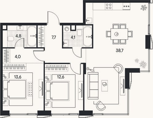 Планировка: 3-к, 85,5 м²