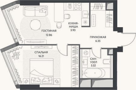 Планировка: 2-к, 46,8 м²