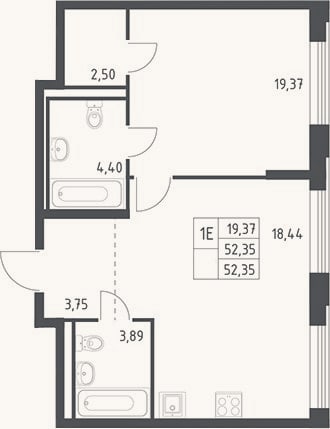 Планировка: 2-к, 52,4 м²