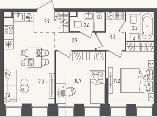 Планировка: 3-к, 54,4 м²