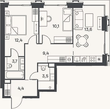 Планировка: 3-к, 57,1 м²