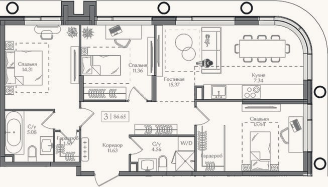 Планировка: 4+ к, 86,7 м²