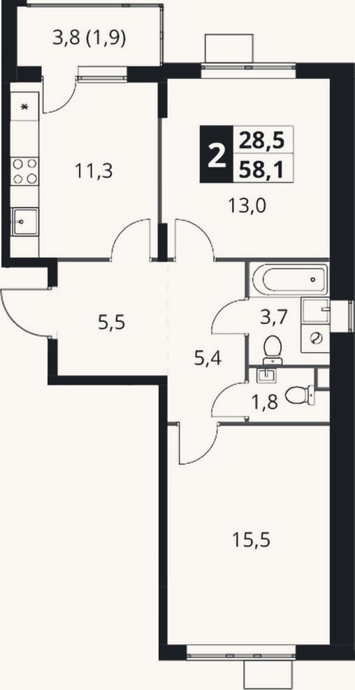 Планировка: 2-к, 56,2 м²