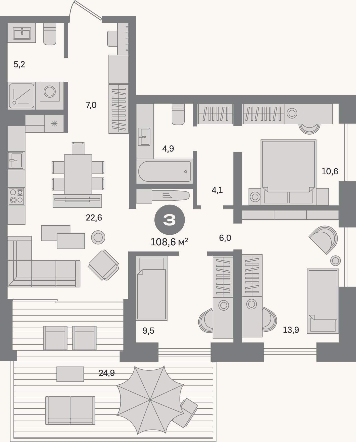 Планировка: 3-к, 83,7 м²