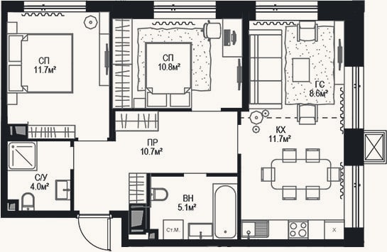 Планировка: 3-к, 61,3 м²